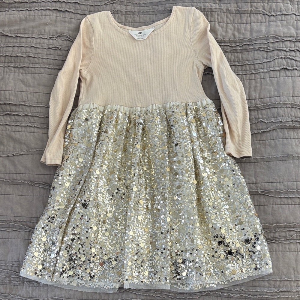 H&M 5T Cream and gold sequined dress